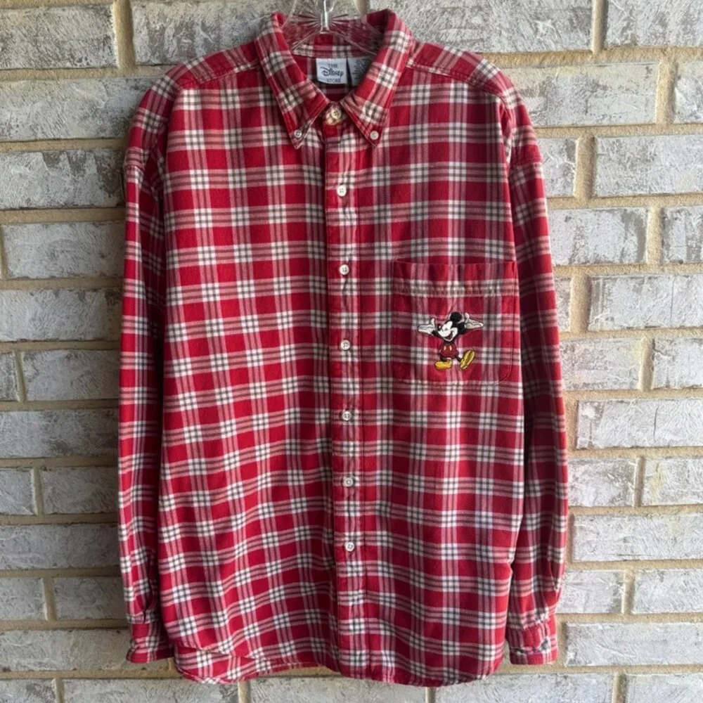 The Disney Store Embroidered Mickey Check Flannel Button Up Shirt Mens Size XL